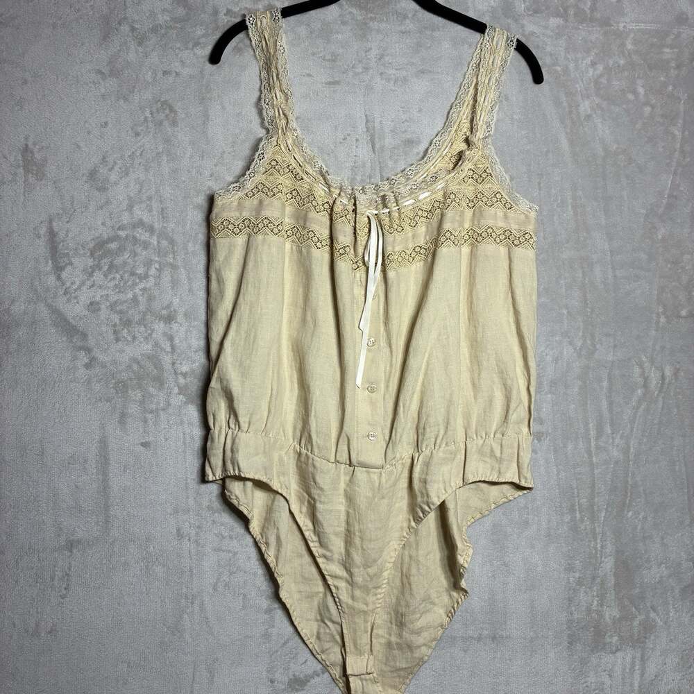 Vintage DKNY Jeans Linen Lace Trim Bodysuit Beige Size 14